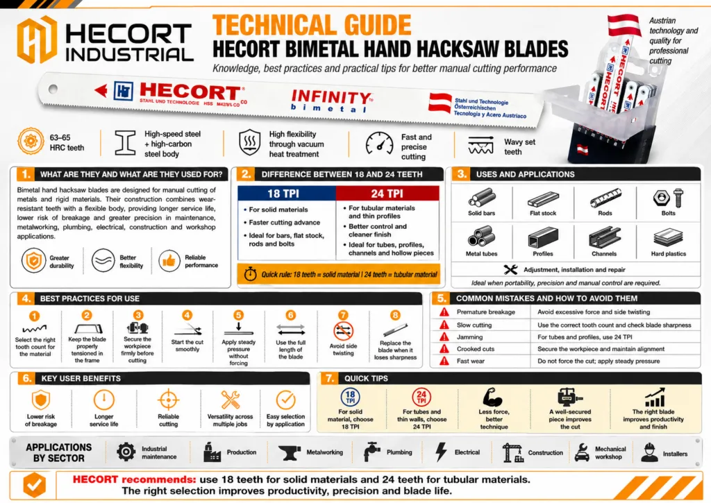 HECORT Bimetal Hand Hacksaw Blades 18 and 24 TPI Guide