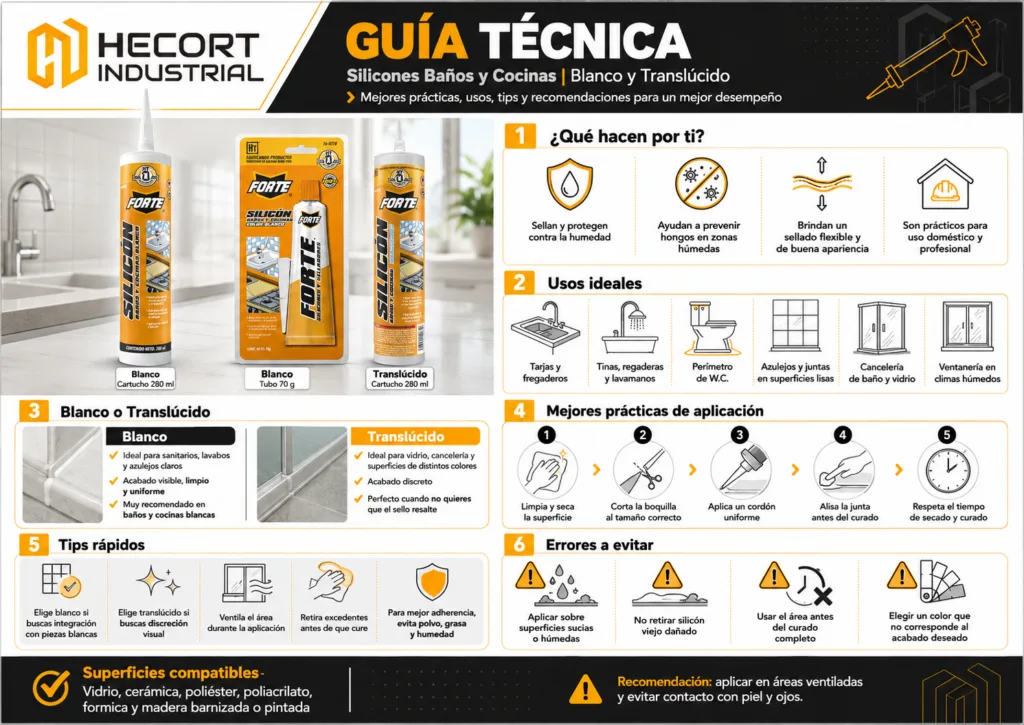 Silicón Baños y Cocinas HECORT Blanco y Translúcido