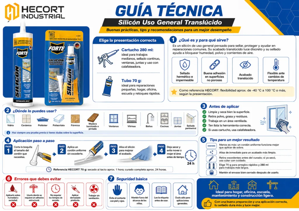 Silicón Uso General Translúcido HECORT Guía de Aplicación